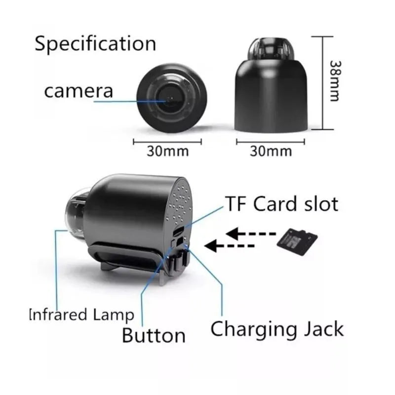 "Mini telecamera Wi-Fi wireless 1080P HD, compatta e discreta, per sorveglianza in tempo reale con smartphone, visiona 24/7."