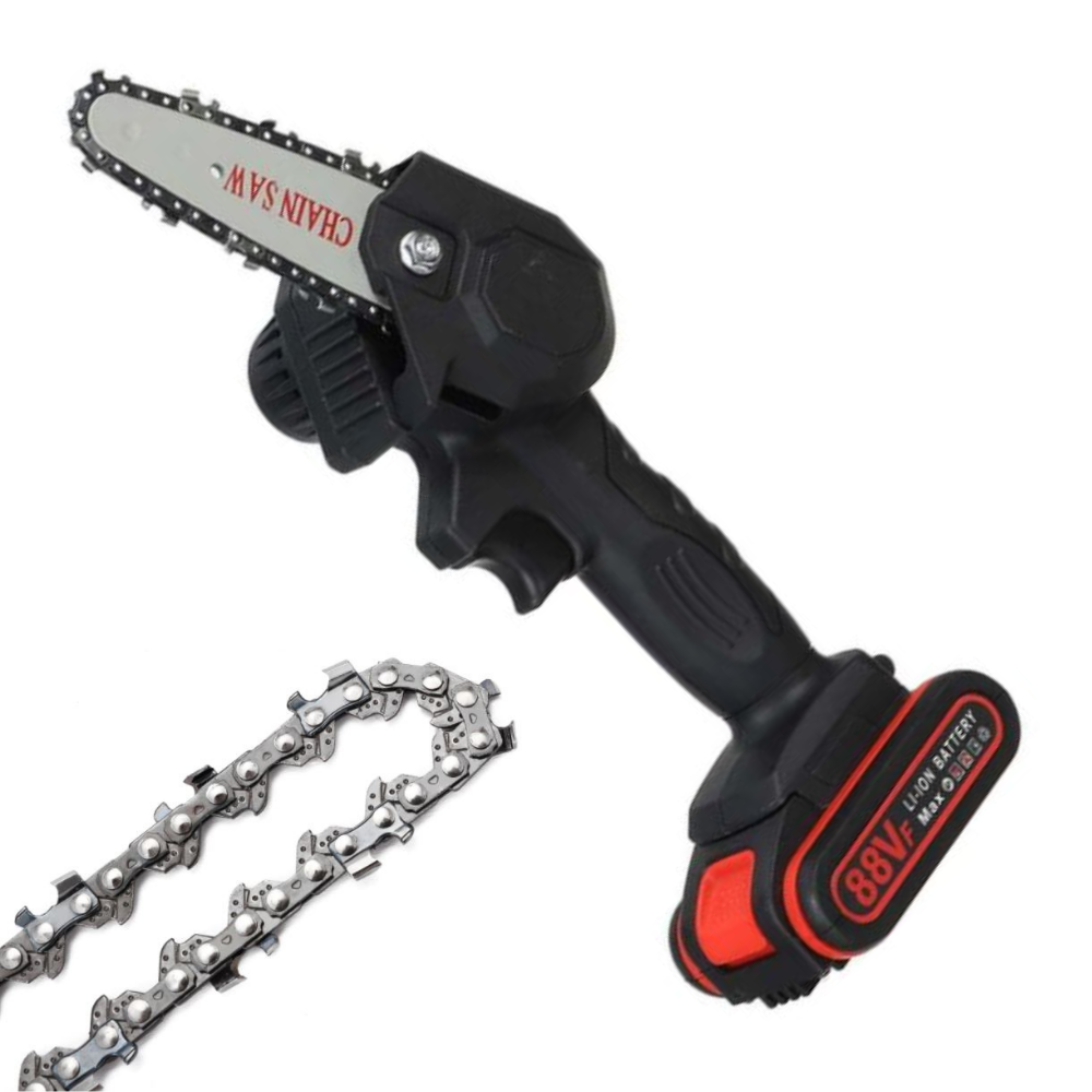 Motosega elettrica a batteria, leggera e compatta, ideale per taglio rapido e silenzioso, verde e nera, per giardinaggio.