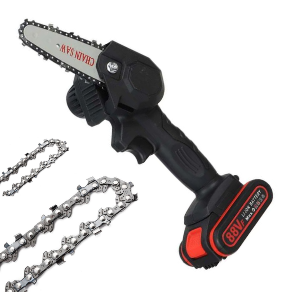 Motosega elettrica a batteria, leggera e compatta, ideale per taglio rapido e silenzioso, verde e nera, per giardinaggio.