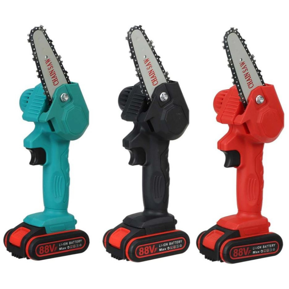 Motosega elettrica a batteria, leggera e compatta, ideale per taglio rapido e silenzioso, verde e nera, per giardinaggio.