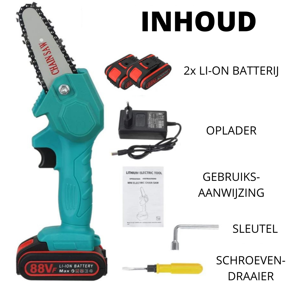 Motosega elettrica a batteria, leggera e compatta, ideale per taglio rapido e silenzioso, verde e nera, per giardinaggio.