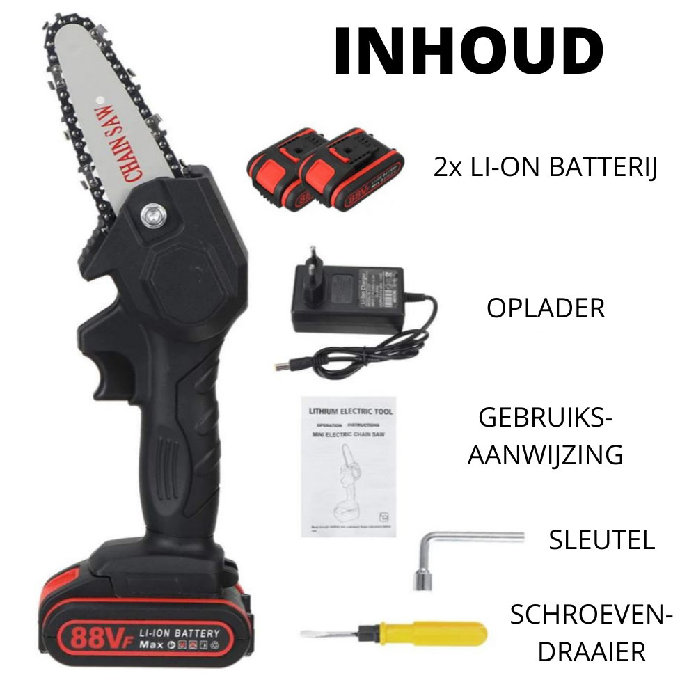 Motosega elettrica a batteria, leggera e compatta, ideale per taglio rapido e silenzioso, verde e nera, per giardinaggio.