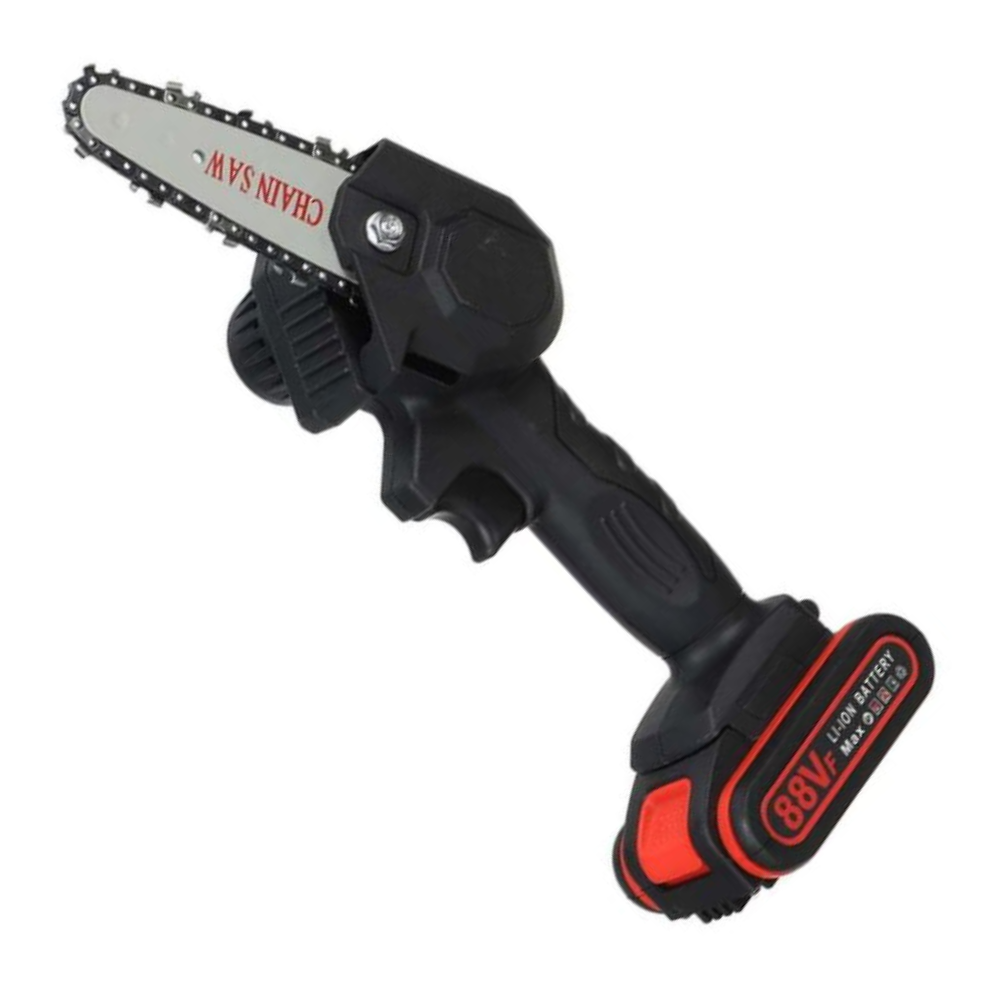 Motosega elettrica a batteria, leggera e compatta, ideale per taglio rapido e silenzioso, verde e nera, per giardinaggio.