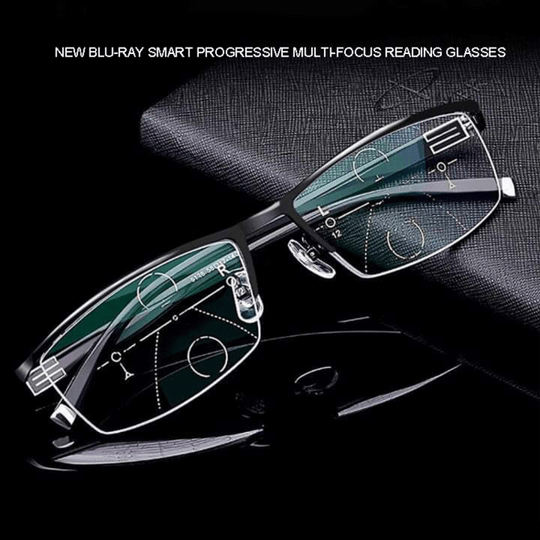 Occhiali da lettura progressivi smart, design elegante, lenti multi-zona, montatura nera, per uomo e donna.