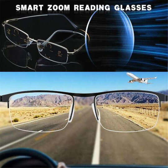 Occhiali da lettura progressivi smart, design elegante, lenti multi-zona, montatura nera, per uomo e donna.