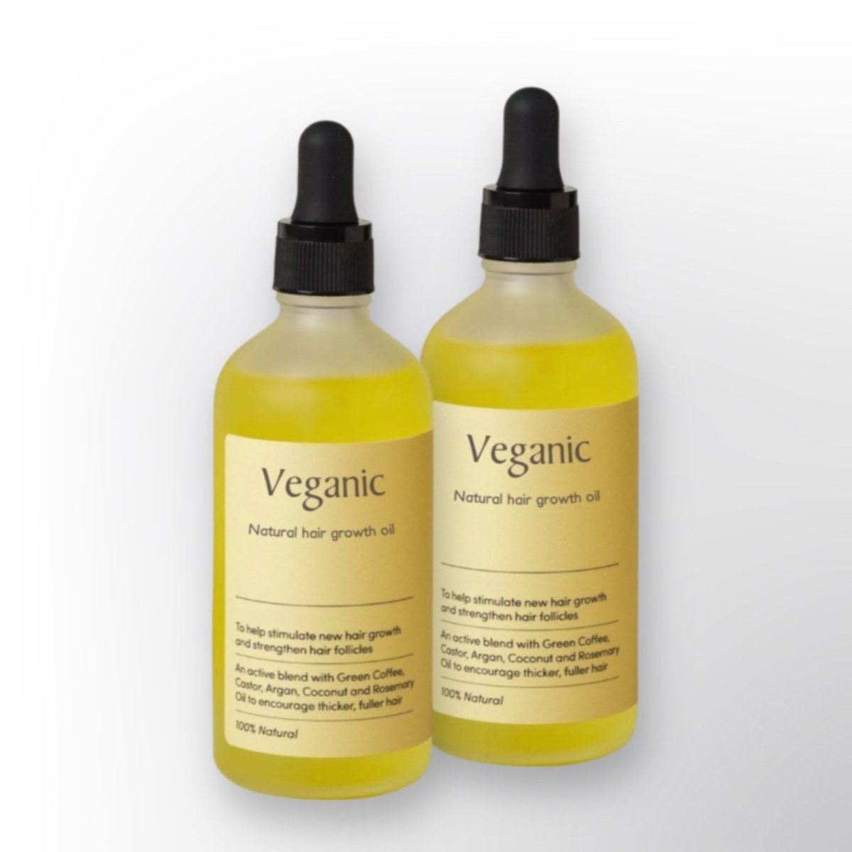 "Olio crescita capelli naturale, siero vegano, flacone trasparente con liquido dorato e tappo bianco."