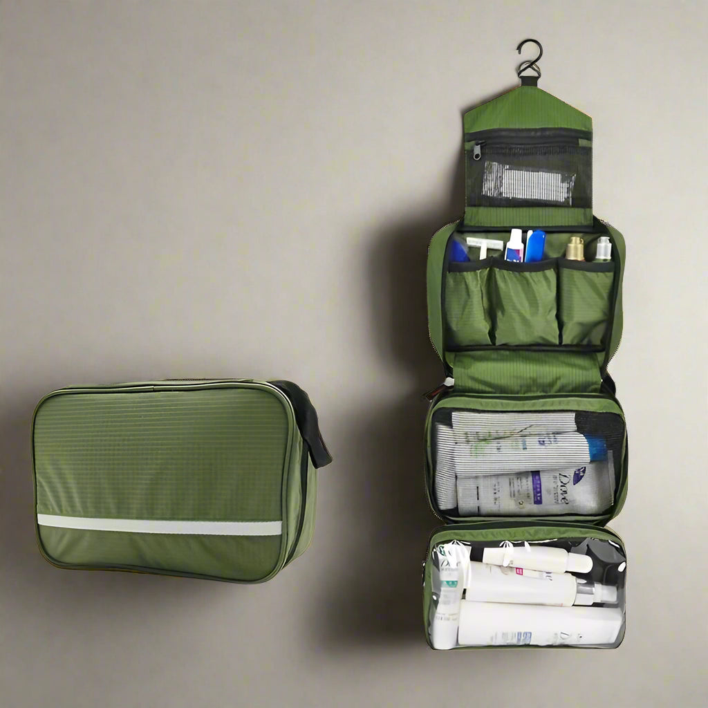 "Organizer da toilette sospeso unisex, compatto, colori versatili, ideale per viaggi, design pratico ed elegante."