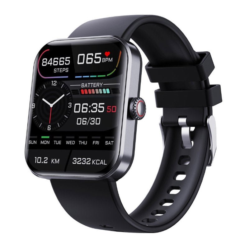 "Orologio moderno nero per monitoraggio glicemia dal polso senza dolore, con display touchscreen e funzionalità salute"