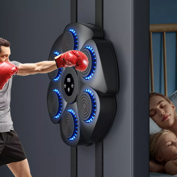 "Pad di boxe musicale con LED RGB, quadrato, nero, ideale per allenamento interattivo e fitness con musica e Bluetooth."