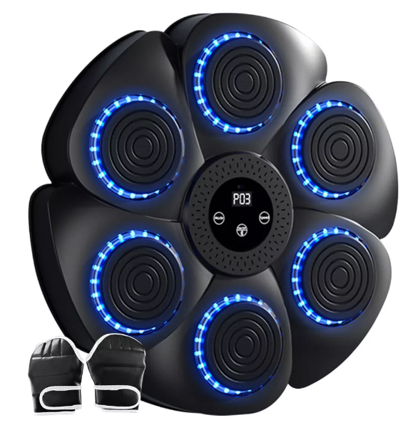 "Pad di boxe musicale con LED RGB, quadrato, nero, ideale per allenamento interattivo e fitness con musica e Bluetooth."