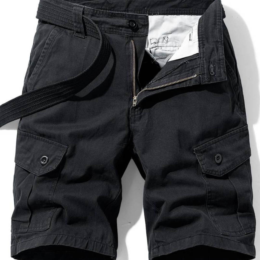 "Pantaloncini cargo uomo in cotone resistente, multi-tasca, colore verde oliva, casual e adatti per avventure all'aperto."