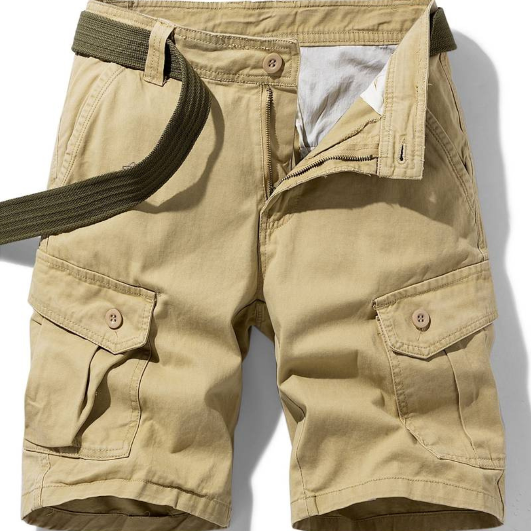 "Pantaloncini cargo uomo in cotone resistente, multi-tasca, colore verde oliva, casual e adatti per avventure all'aperto."