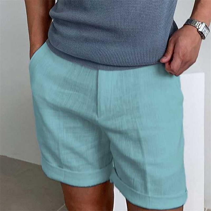 "Pantaloncini estivi da uomo in lino natural fango con orlo sfrangiato, stile casual chic, adatti per giornate calde."