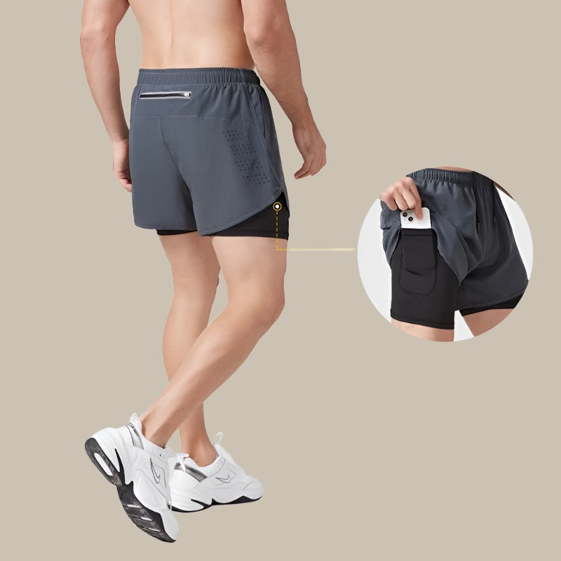 "Pantaloncini uomo sportivi neri con asciugatura rapida, zip laterali, tessuto traspirante per corsa e allenamenti intensi."