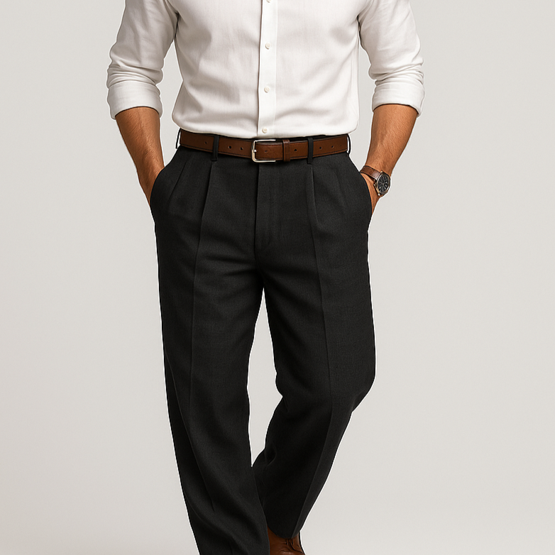 "Pantaloni da uomo in cotone e lino, stile casual, grigi, gamba dritta, tasche funzionali, tessuto traspirante e morbido."