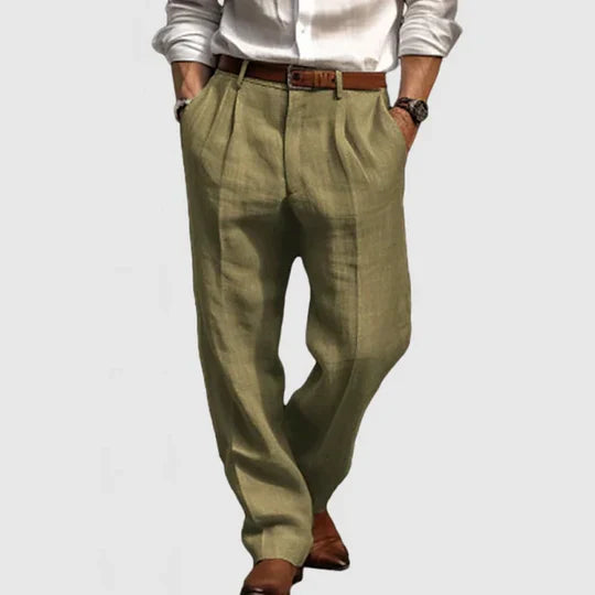 "Pantaloni da uomo in cotone e lino, stile casual, grigi, gamba dritta, tasche funzionali, tessuto traspirante e morbido."