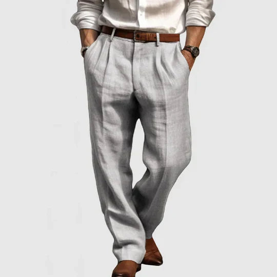 "Pantaloni da uomo in cotone e lino, stile casual, grigi, gamba dritta, tasche funzionali, tessuto traspirante e morbido."
