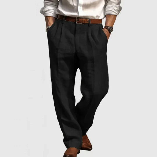 "Pantaloni da uomo in cotone e lino, stile casual, grigi, gamba dritta, tasche funzionali, tessuto traspirante e morbido."
