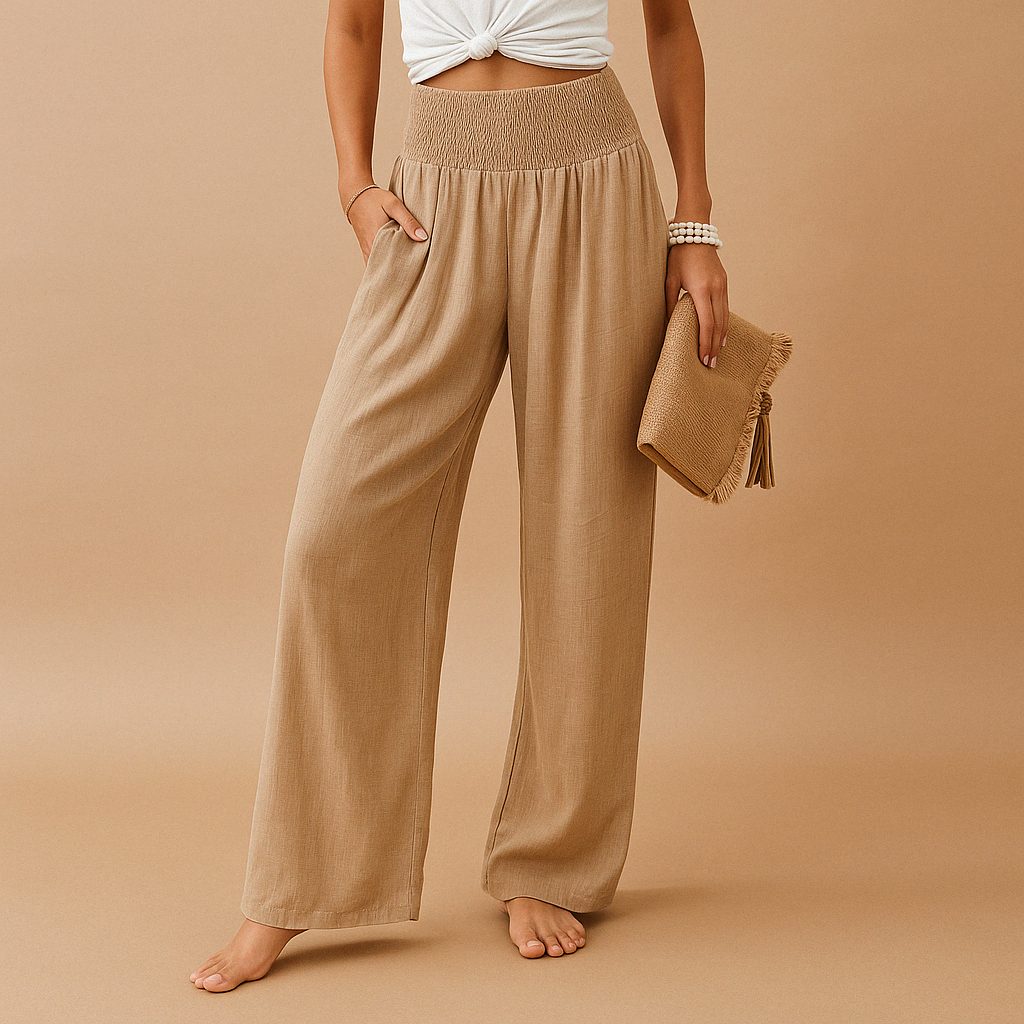 "Pantaloni donna in lino estivi, eleganti e comodi, taglio dritto, vita elastica, colore chiaro, ideali per giornate soleggia