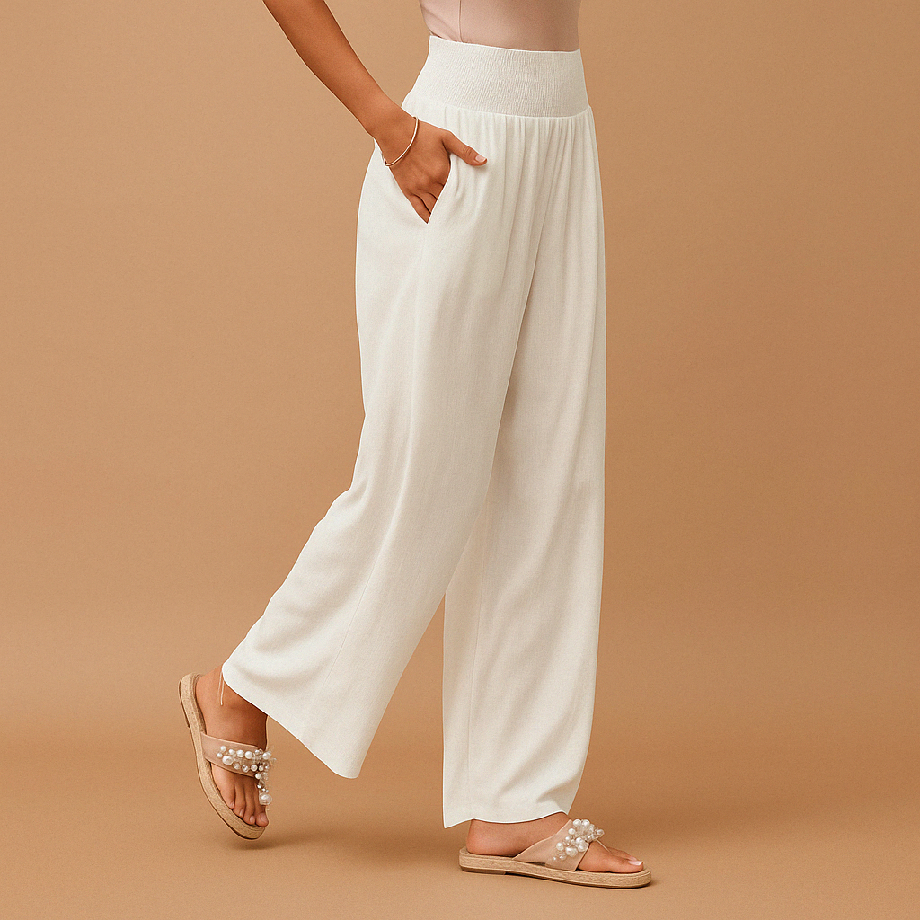 "Pantaloni donna in lino estivi, eleganti e comodi, taglio dritto, vita elastica, colore chiaro, ideali per giornate soleggia