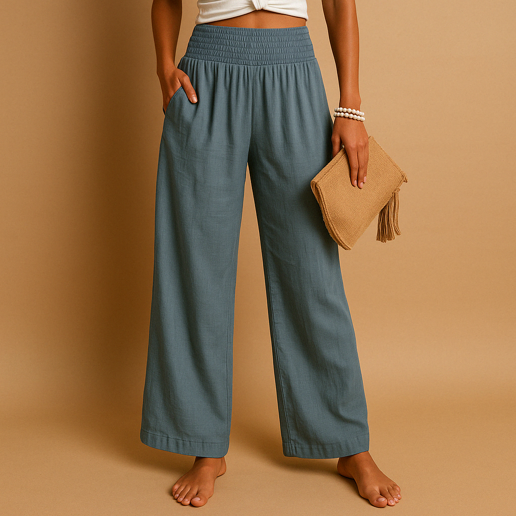 "Pantaloni donna in lino estivi, eleganti e comodi, taglio dritto, vita elastica, colore chiaro, ideali per giornate soleggia