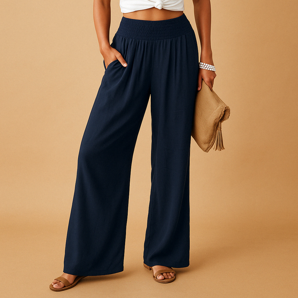 "Pantaloni donna in lino estivi, eleganti e comodi, taglio dritto, vita elastica, colore chiaro, ideali per giornate soleggia