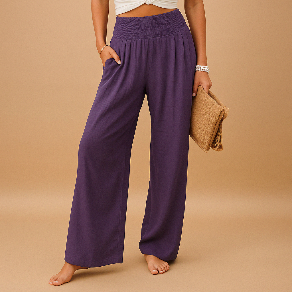 "Pantaloni donna in lino estivi, eleganti e comodi, taglio dritto, vita elastica, colore chiaro, ideali per giornate soleggia