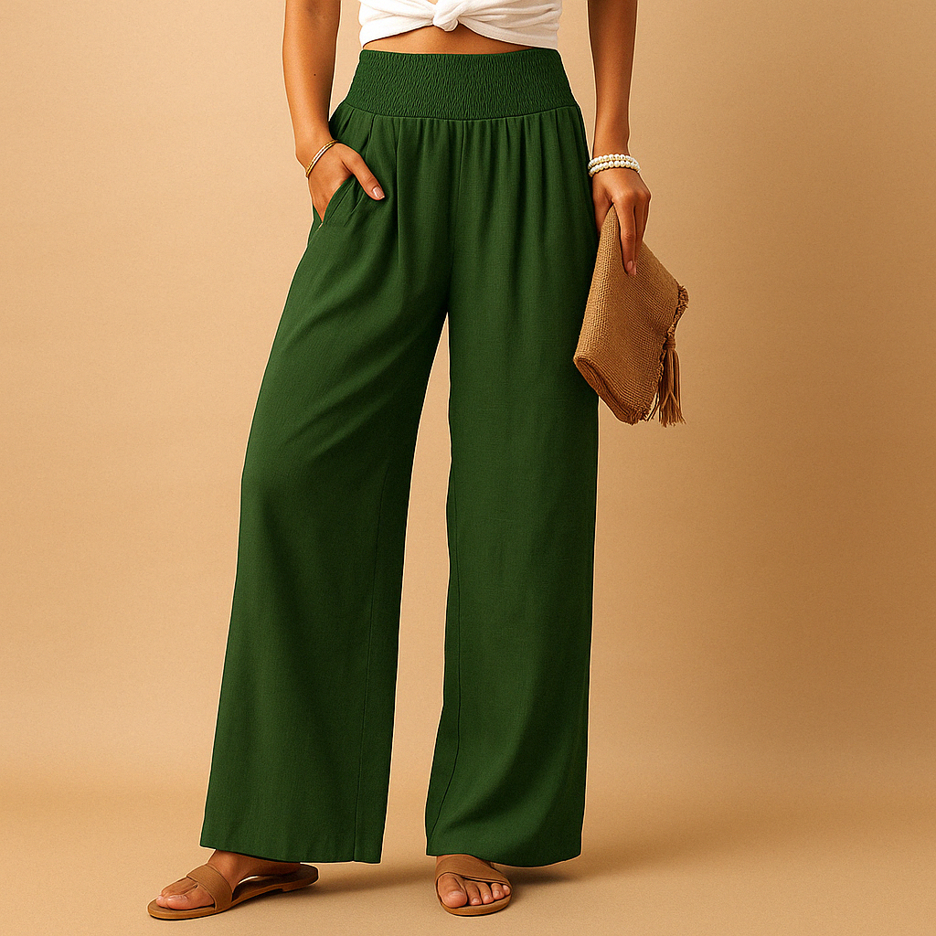 "Pantaloni donna in lino estivi, eleganti e comodi, taglio dritto, vita elastica, colore chiaro, ideali per giornate soleggia