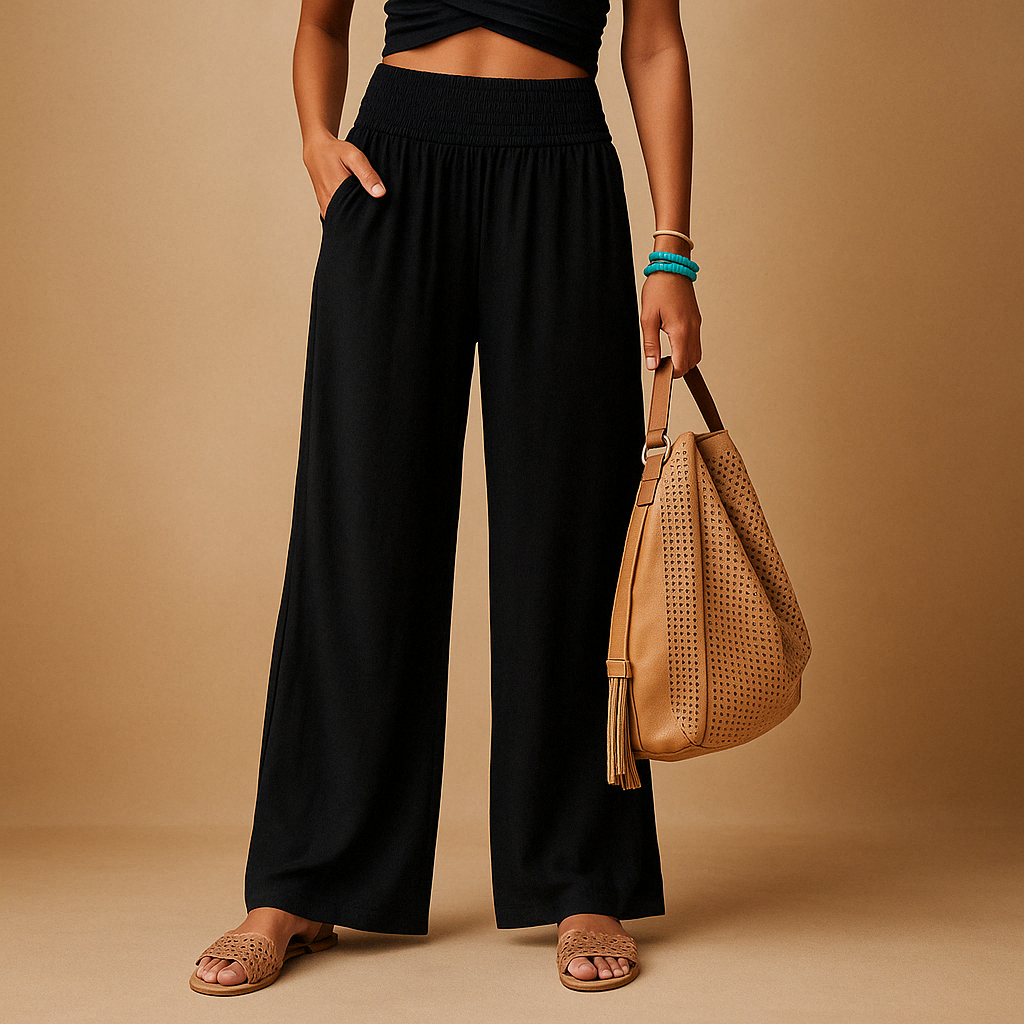 "Pantaloni donna in lino estivi, eleganti e comodi, taglio dritto, vita elastica, colore chiaro, ideali per giornate soleggia