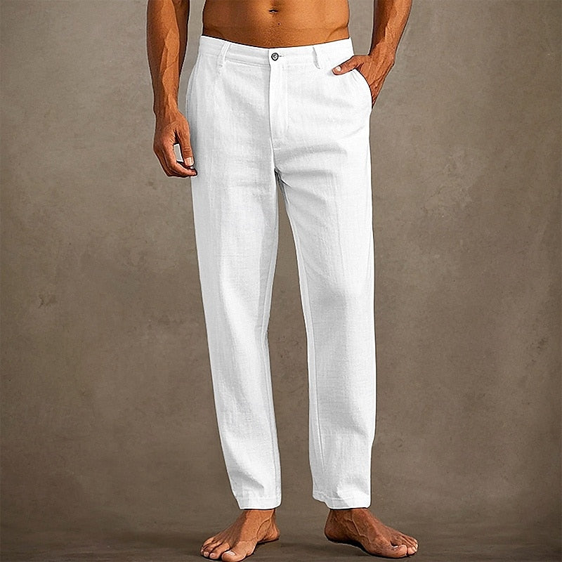 "Pantaloni in lino estivi da uomo, colore chiaro, vestibilità casual, tessuto leggero e traspirante per massima freschezza."