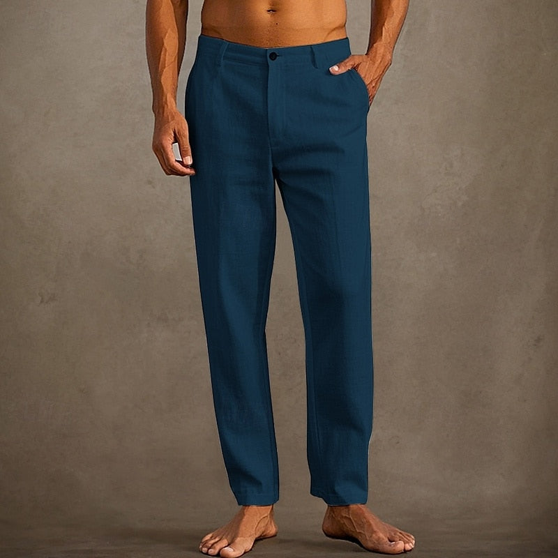 "Pantaloni in lino estivi da uomo, colore chiaro, vestibilità casual, tessuto leggero e traspirante per massima freschezza."