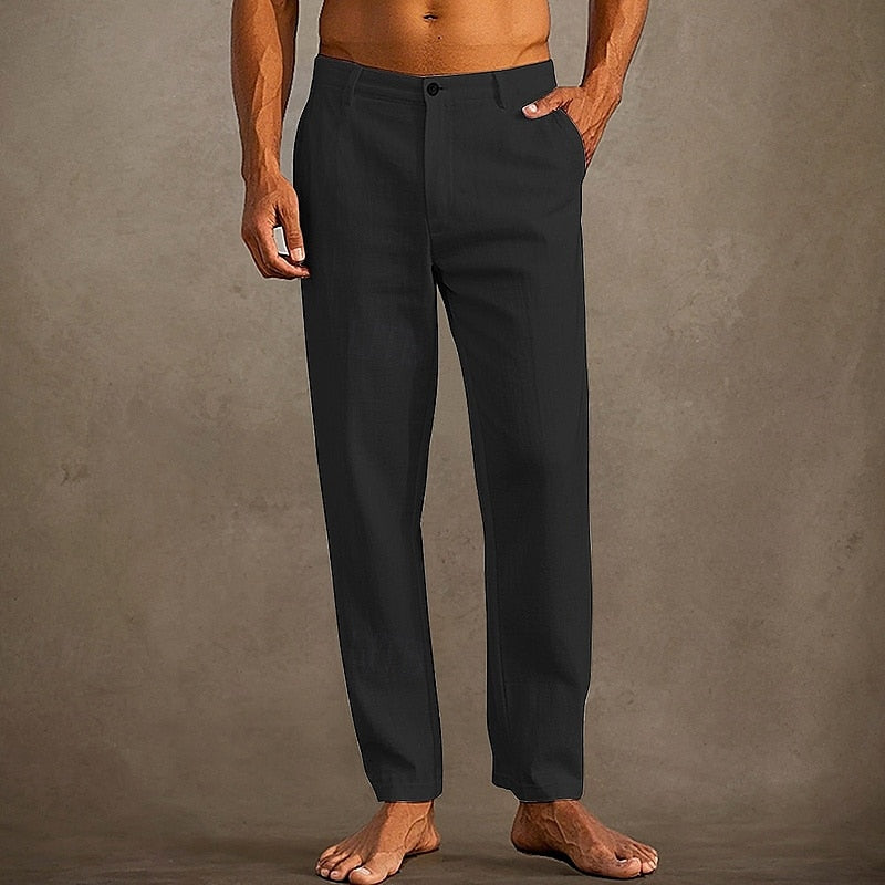 "Pantaloni in lino estivi da uomo, colore chiaro, vestibilità casual, tessuto leggero e traspirante per massima freschezza."