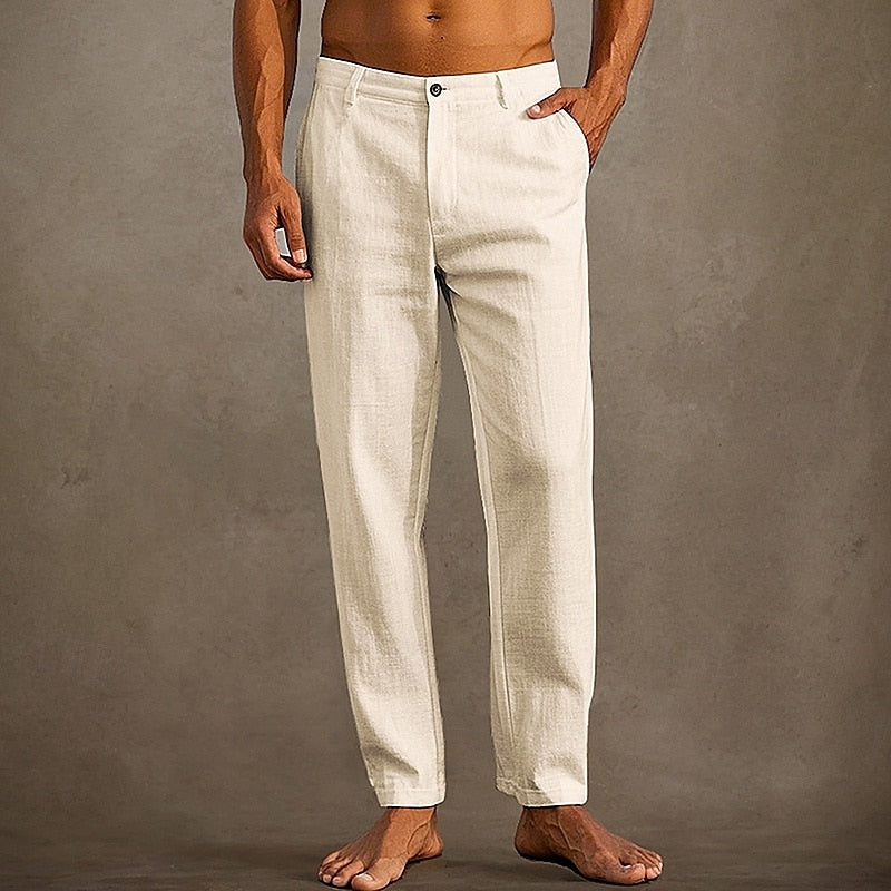 "Pantaloni in lino estivi da uomo, colore chiaro, vestibilità casual, tessuto leggero e traspirante per massima freschezza."