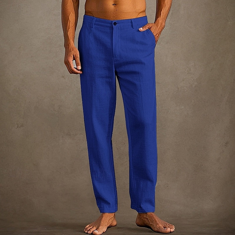 "Pantaloni in lino estivi da uomo, colore chiaro, vestibilità casual, tessuto leggero e traspirante per massima freschezza."