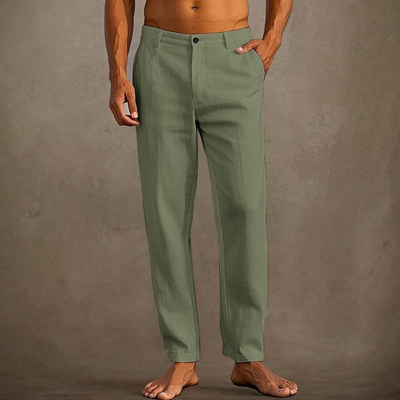 "Pantaloni in lino estivi da uomo, colore chiaro, vestibilità casual, tessuto leggero e traspirante per massima freschezza."