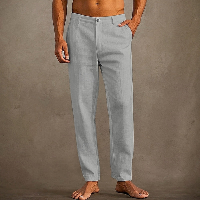 "Pantaloni in lino estivi da uomo, colore chiaro, vestibilità casual, tessuto leggero e traspirante per massima freschezza."