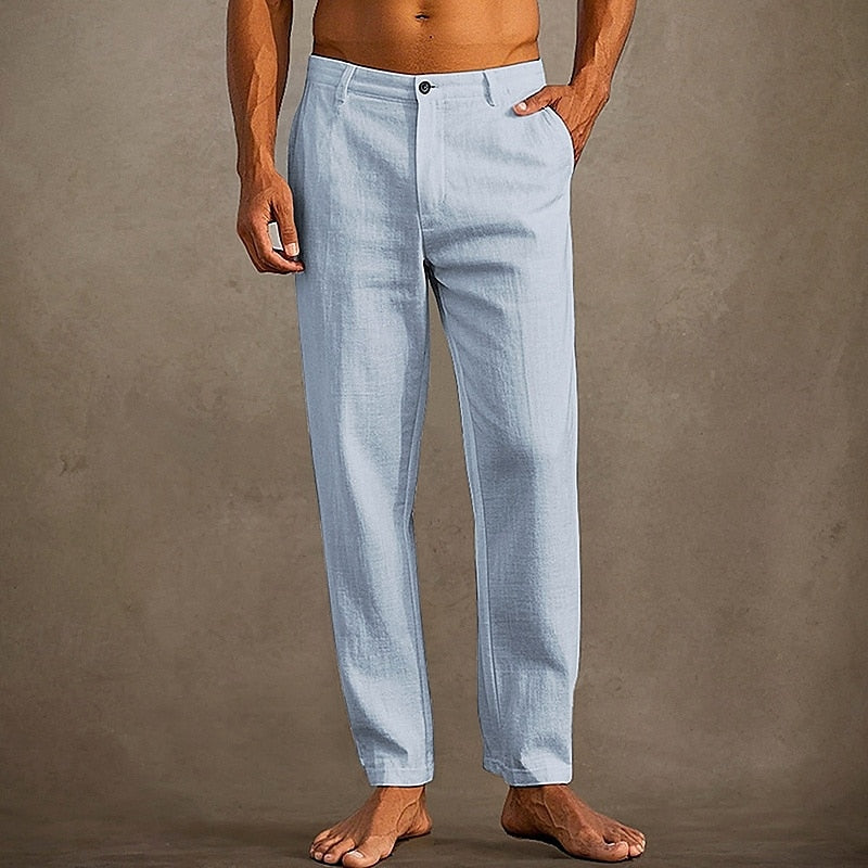 "Pantaloni in lino estivi da uomo, colore chiaro, vestibilità casual, tessuto leggero e traspirante per massima freschezza."