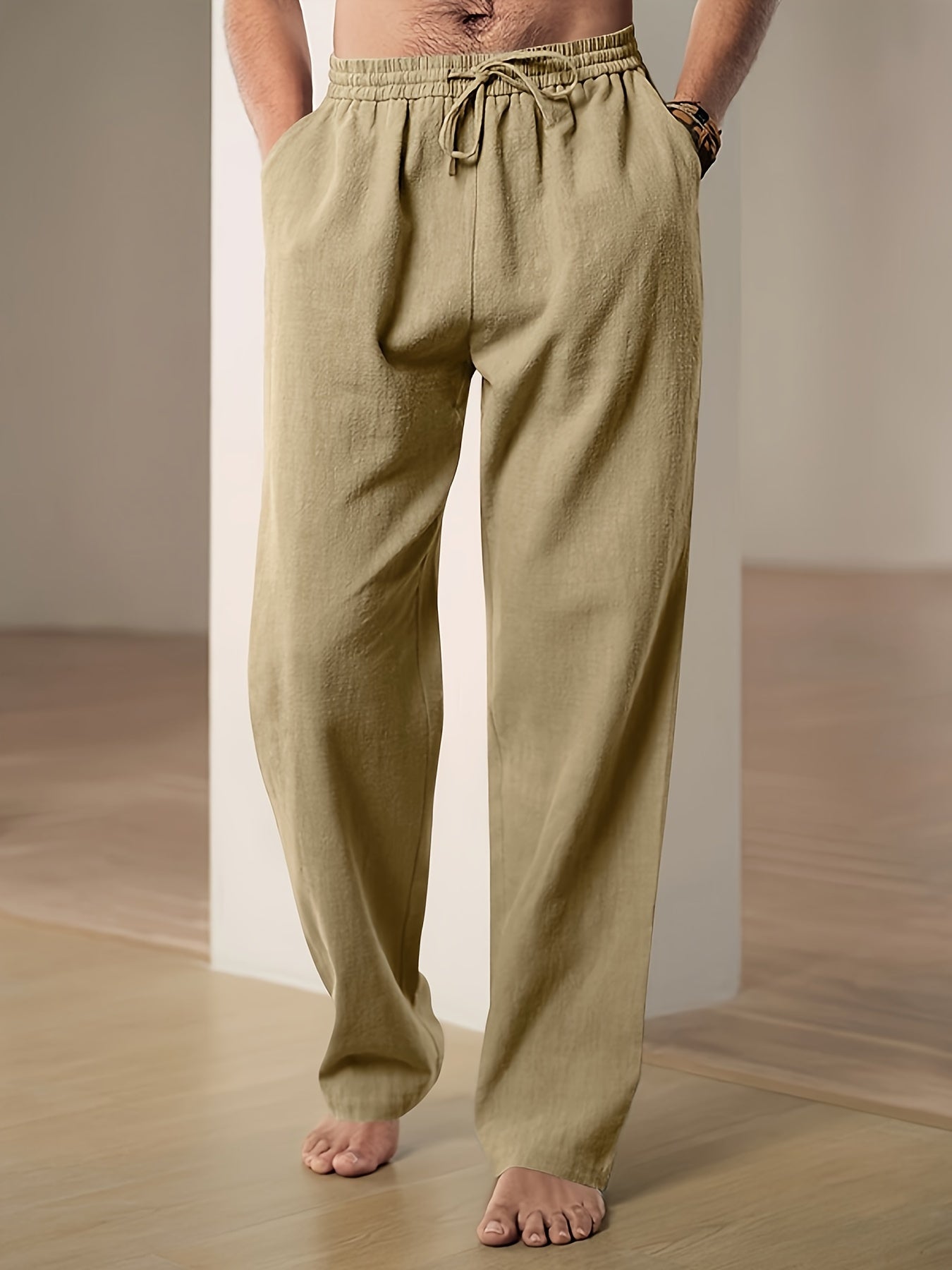 "Pantaloni lino uomo beige con coulisse, vestibilità comoda, ideali per look casual ed eleganti"