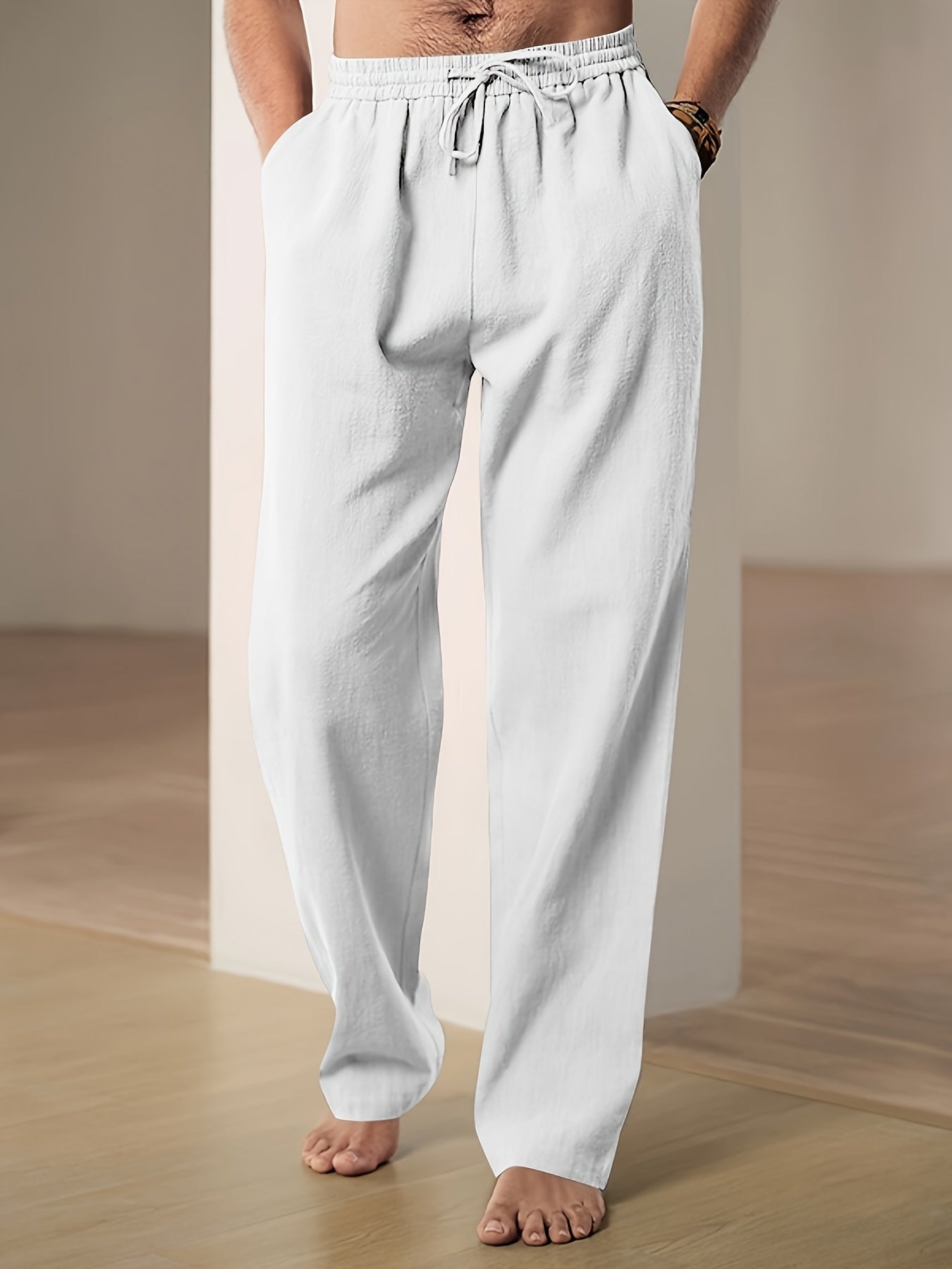 "Pantaloni lino uomo beige con coulisse, vestibilità comoda, ideali per look casual ed eleganti"