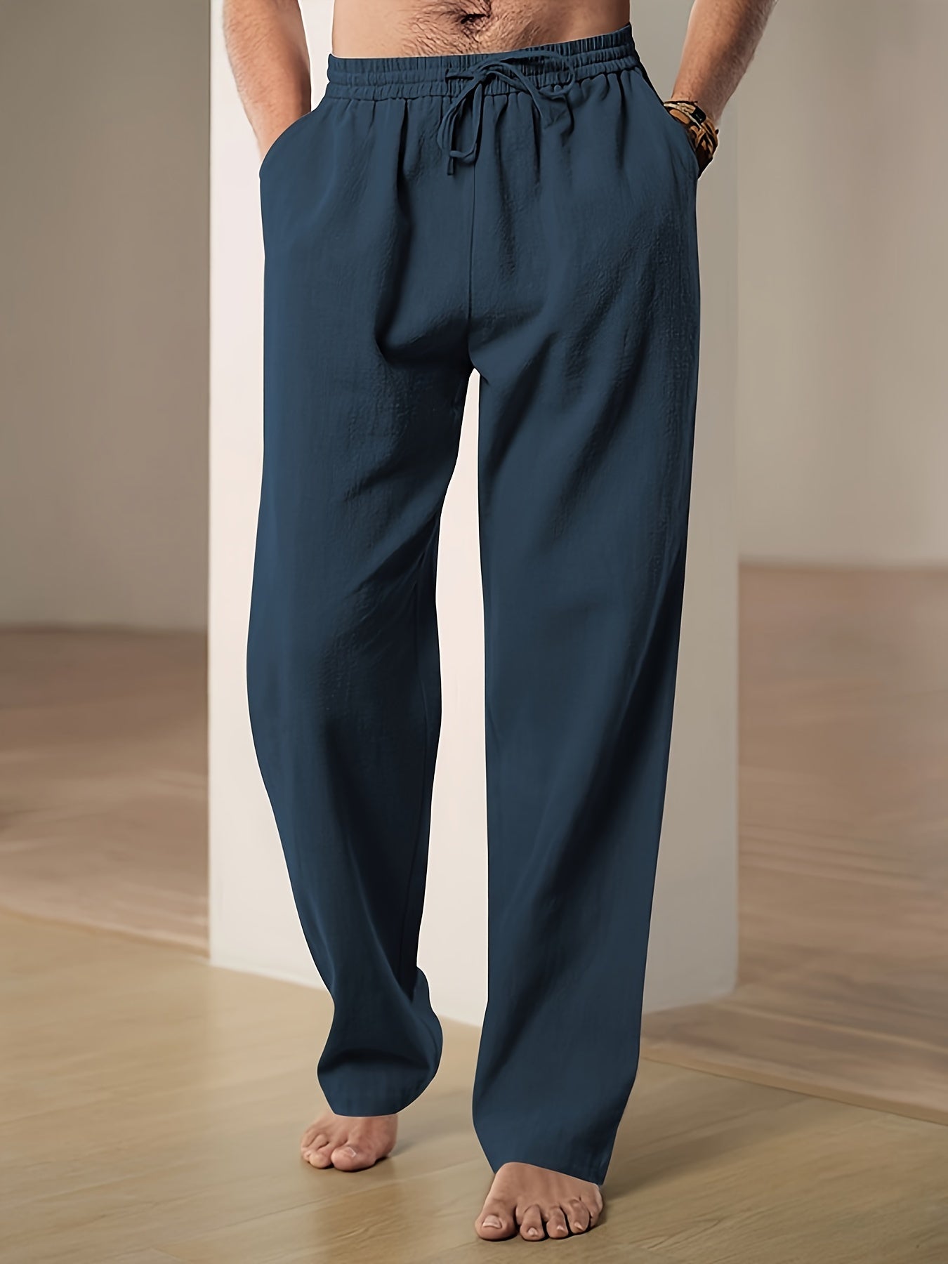 "Pantaloni lino uomo beige con coulisse, vestibilità comoda, ideali per look casual ed eleganti"