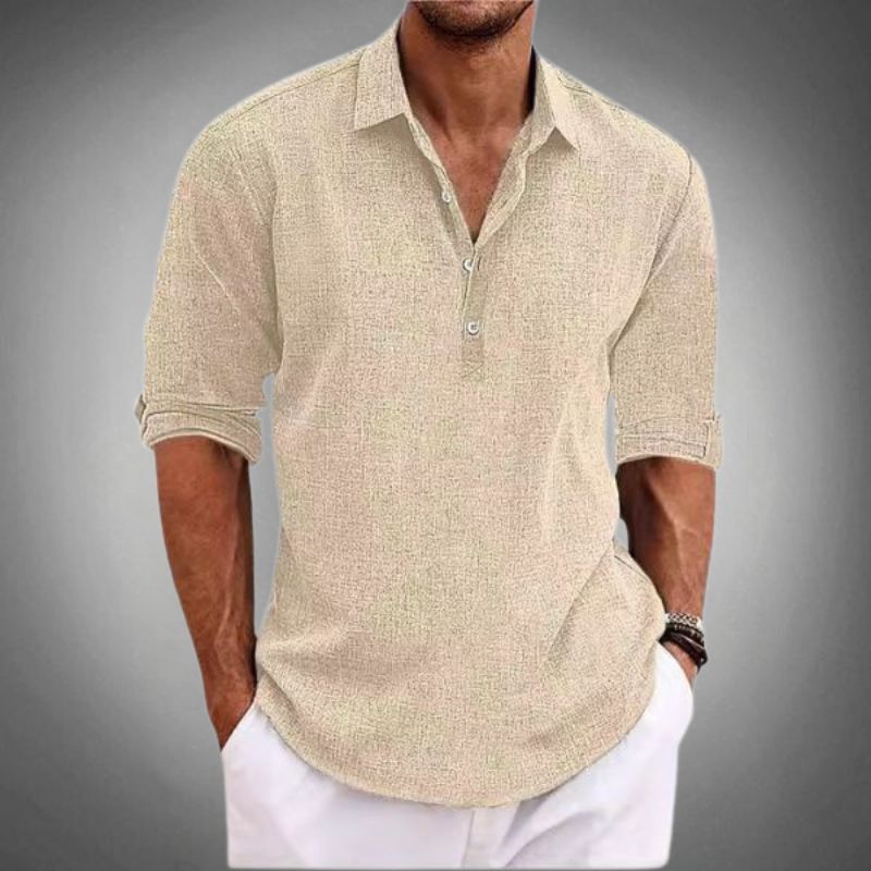 "Polo lino uomo elegante, manica corta, tessuto fresco e traspirante, design classico con bottoni, ideale per look raffinato.