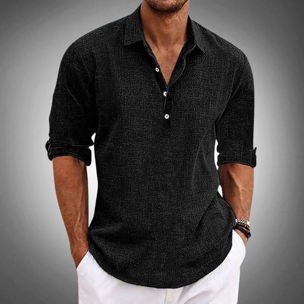 "Polo lino uomo elegante, manica corta, tessuto fresco e traspirante, design classico con bottoni, ideale per look raffinato.