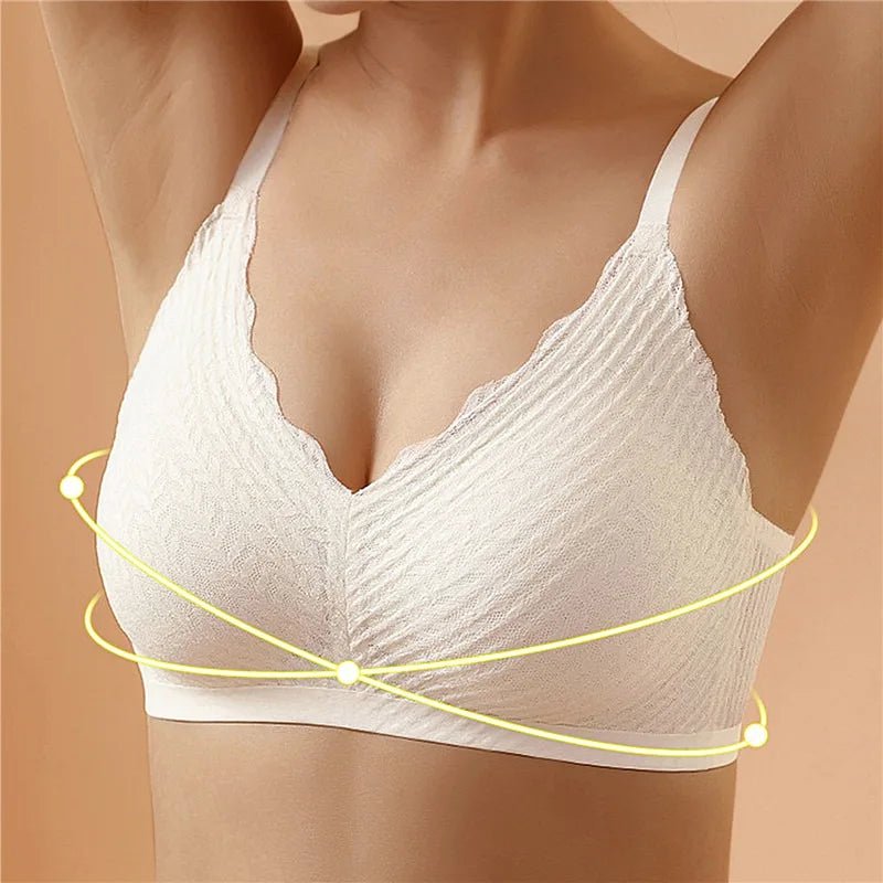 "Reggiseno donna wireless senza cuciture, elegante grigio, comfort traspirante per ogni fisico, immagine di dettaglio."
