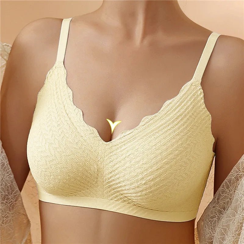 "Reggiseno donna wireless senza cuciture, elegante grigio, comfort traspirante per ogni fisico, immagine di dettaglio."