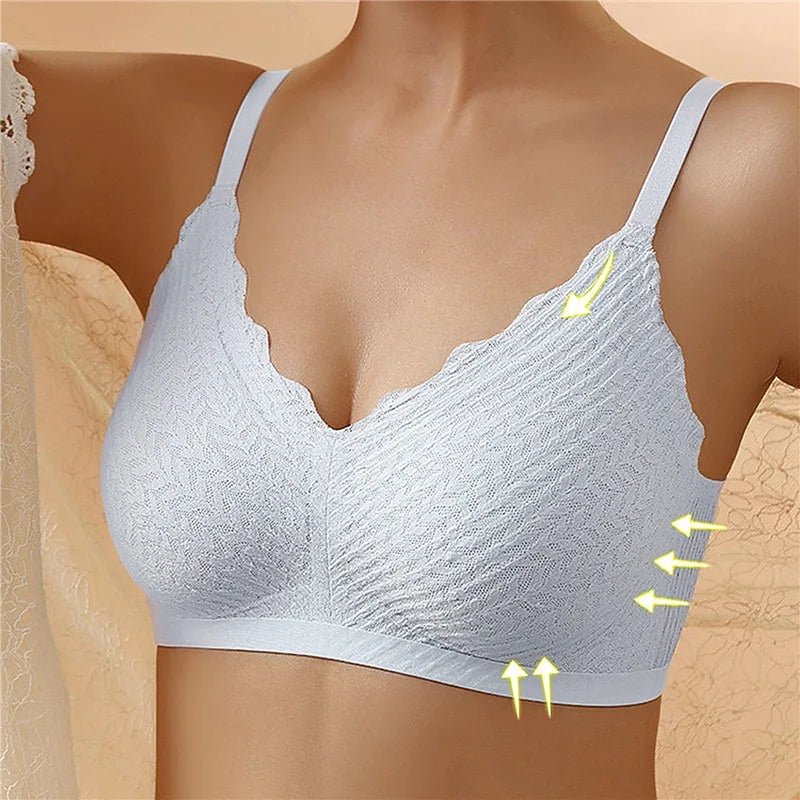 "Reggiseno donna wireless senza cuciture, elegante grigio, comfort traspirante per ogni fisico, immagine di dettaglio."