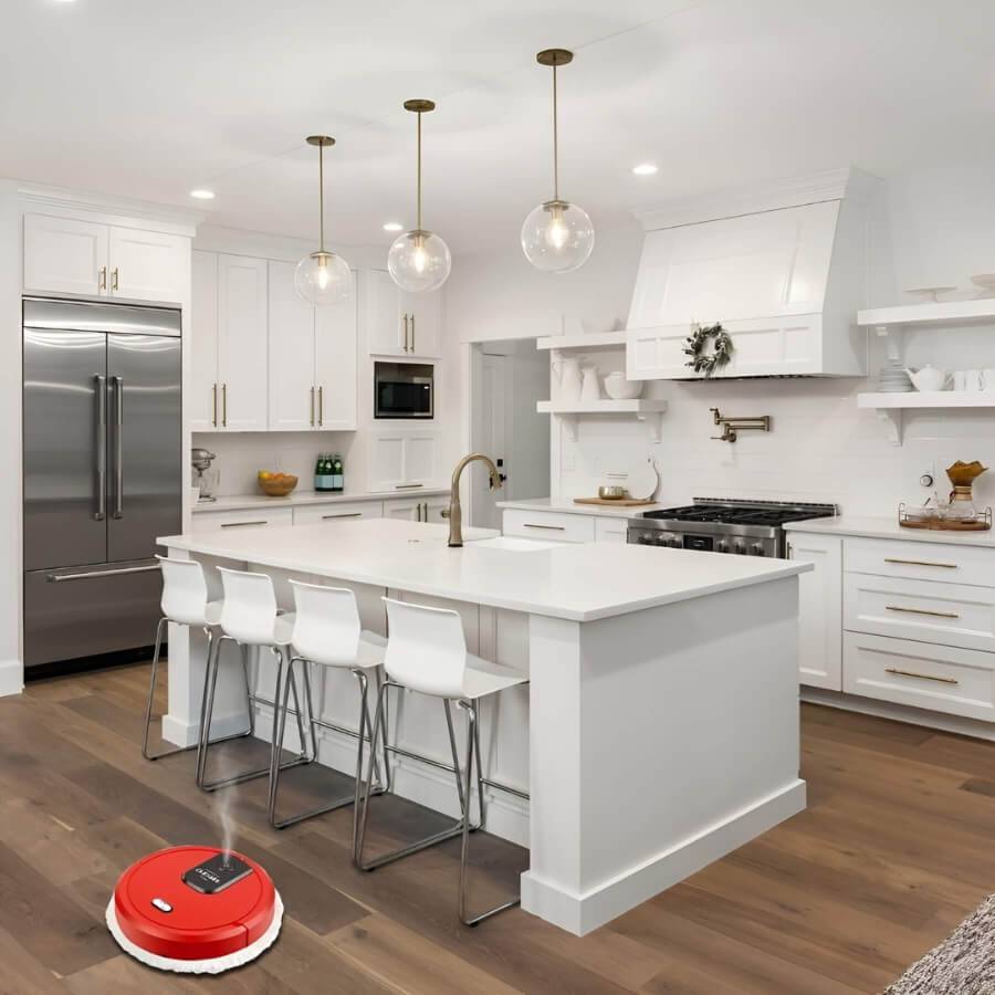 Robot mop automatico elegante, in nero, bianco o rosso, con mappatura intelligente per pavimenti sempre perfetti.