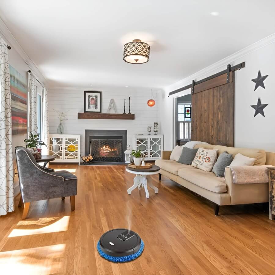 Robot mop automatico elegante, in nero, bianco o rosso, con mappatura intelligente per pavimenti sempre perfetti.