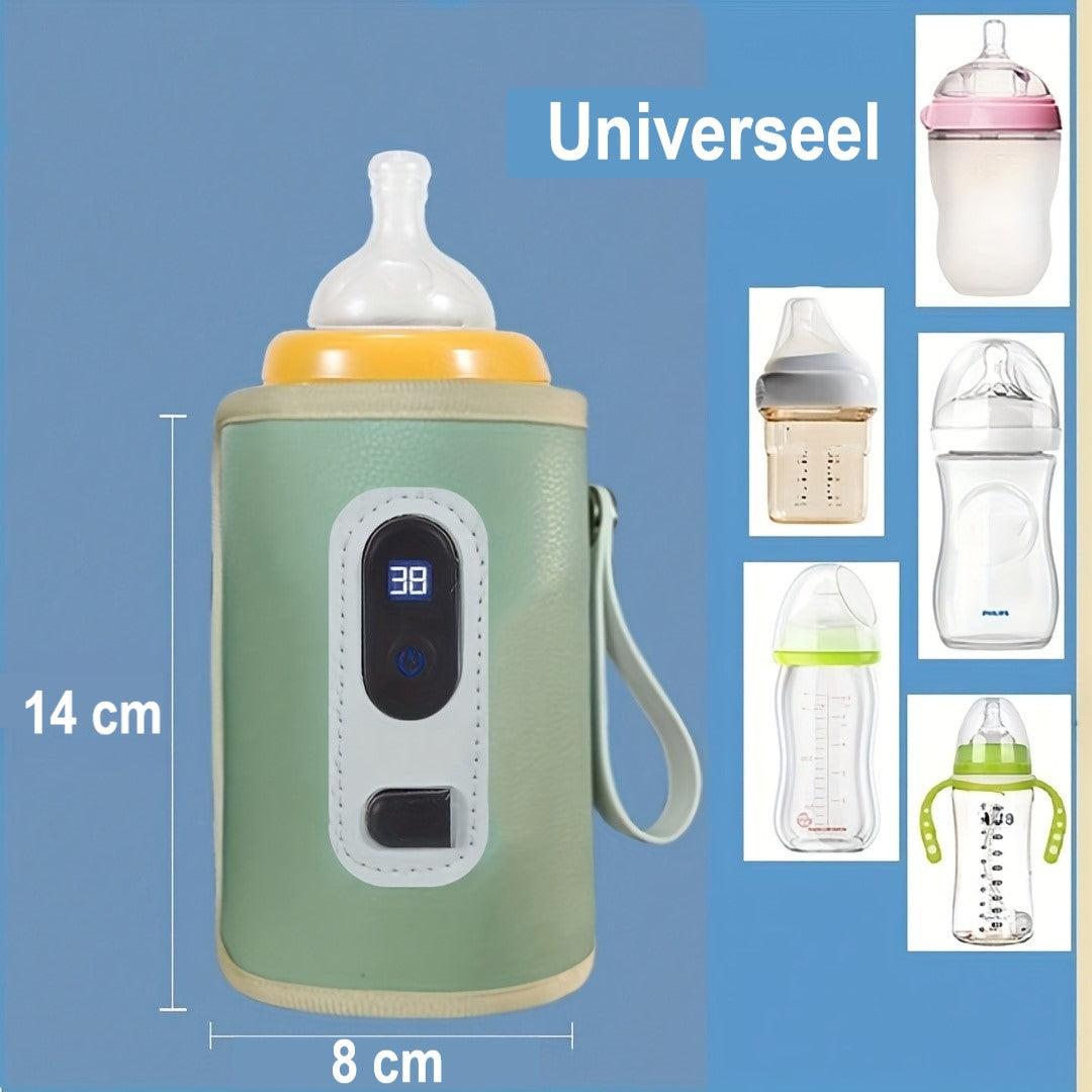 "Scaldabiberon USB portatile, elegante rosa tenue, display digitale, ideale per viaggi, compatto per borsa, pratico per bimbi