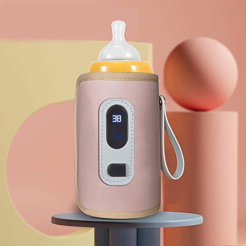 "Scaldabiberon USB portatile, elegante rosa tenue, display digitale, ideale per viaggi, compatto per borsa, pratico per bimbi