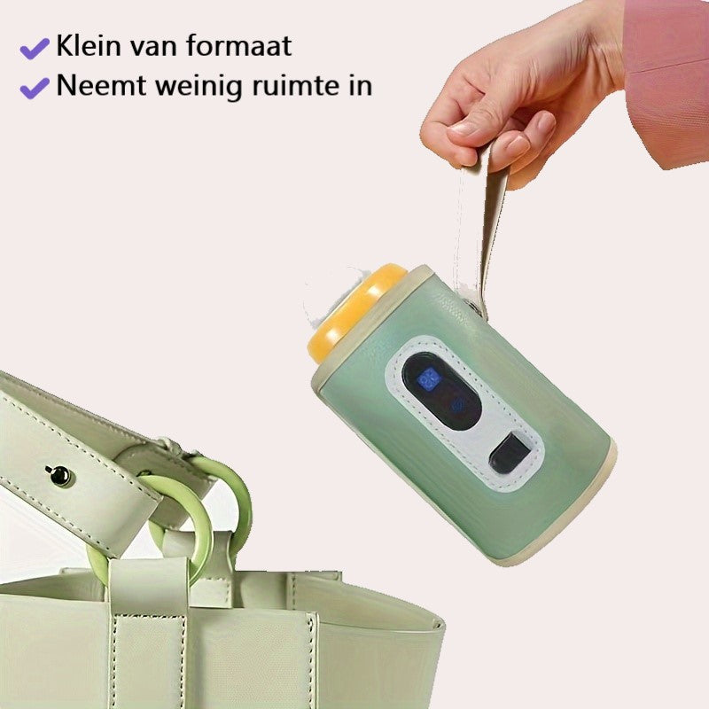 "Scaldabiberon USB portatile, elegante rosa tenue, display digitale, ideale per viaggi, compatto per borsa, pratico per bimbi